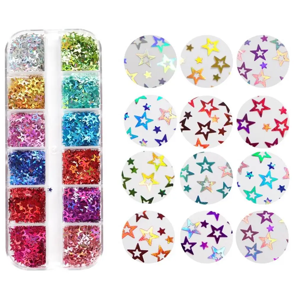 

12-Cell Box Laser Hollow Pentagram Star Glitter Nail Flakes Thin Irregular Shape Chunky Glitter Patch