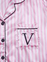 Striped Embroidered Letter Pocket Short Sleeve and Shorts Pajama Set, Casual Satin Sleepwear with Lapel Collar and Button Detail 3
