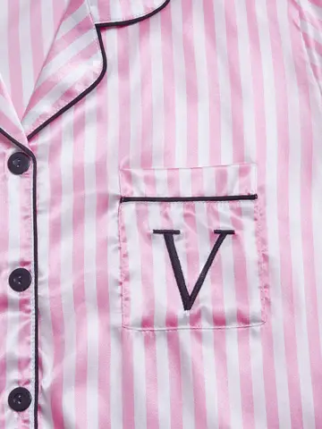 Striped Embroidered Letter Pocket Short Sleeve and Shorts Pajama Set, Casual Satin Sleepwear with Lapel Collar and Button Detail