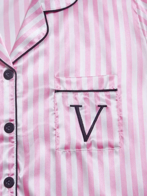 Striped Embroidered Letter Pocket Short Sleeve and Shorts Pajama Set, Casual Satin Sleepwear with Lapel Collar and Button Detail 3 Striped Embroidered Letter Pocket Short Sleeve and Shorts Pajama Set, Casual Satin Sleepwear with Lapel Collar and Button Detail 3