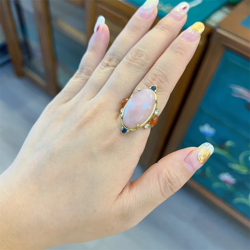 Vintage Olive Shaped Pink Crystal Rings for Woman Natural Stone Gold Color Wedding Colorful Rhinestones Retro French Jewelry