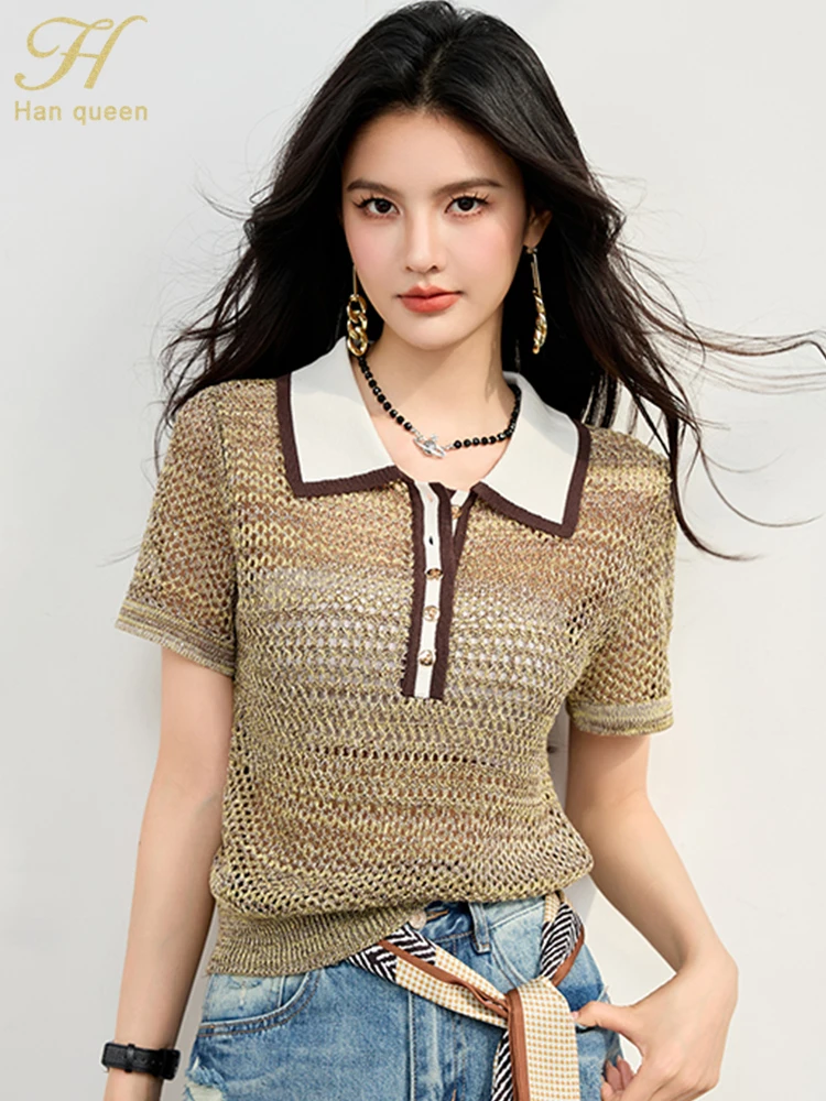 

H Han Queen Elegant Color Blocked Hollow Out Short Sleeve Women Sweater Elegant Summer Tops Simple Casual Korean Woman Clothing