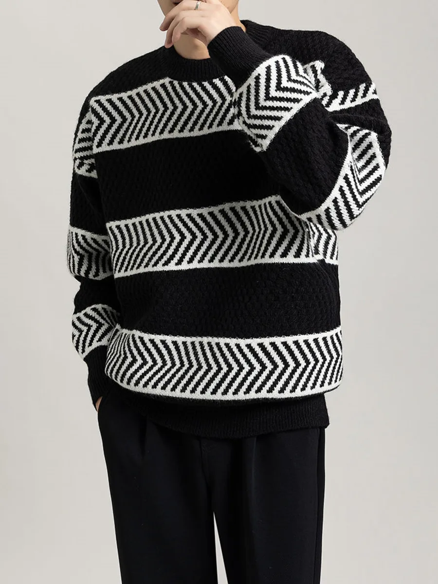 Casual Loose Stripes Pullover Sweater Contrasting Colors Knit Men's Autumn Winter Knitwear Bottom Tops Loose Knitted Clothing