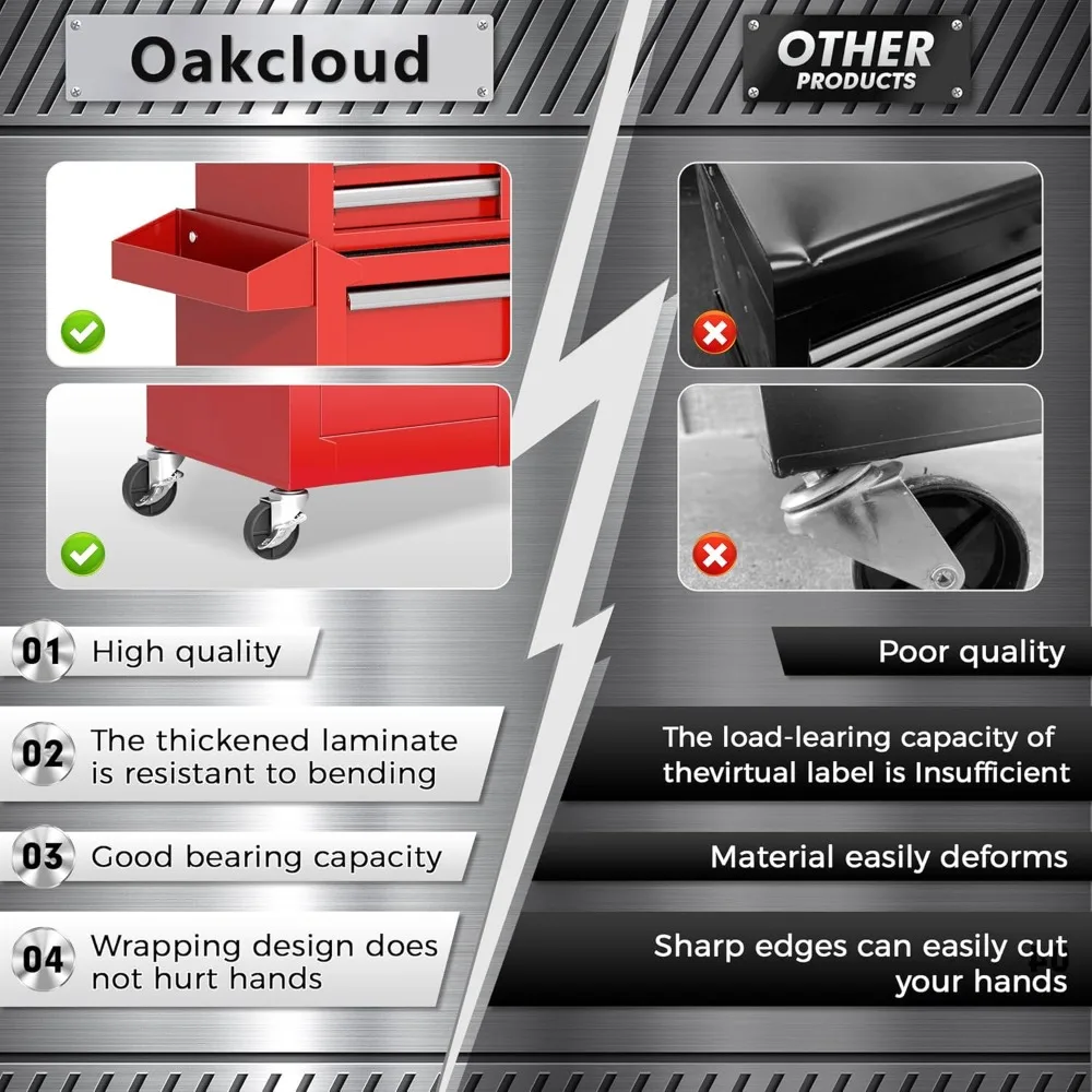 頑丈な5段引き出し付きローリングツールチェストキャビネットコンボ、ロック可能なスチール製ガレージツールボックス（車輪付き）- ブラックライナー付属