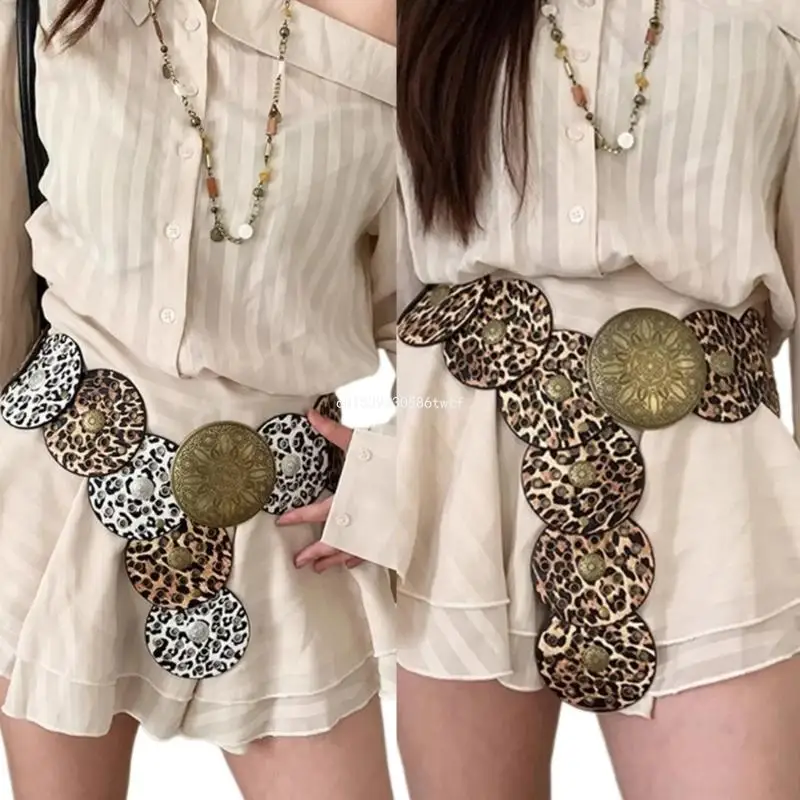 Leopard Pattern Wide Belt Ethnic Waistband Daily and Formal Dress Waist Ornament Dropship