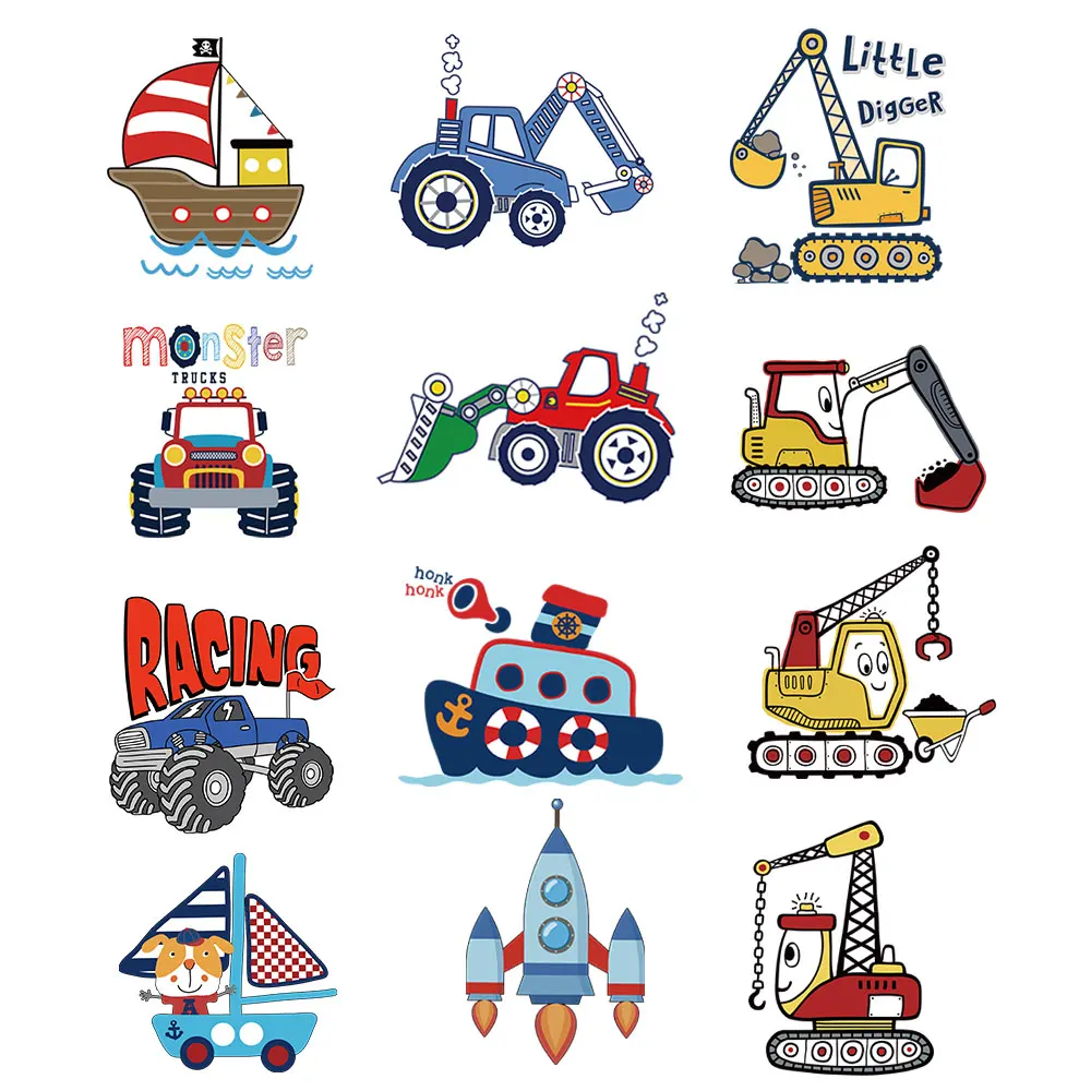 Cartoon Truck Excavator Iron On Patches For Clothes Kids Ship Heat Transfer Stickers DIY Tshirt Printing for Children Appliques