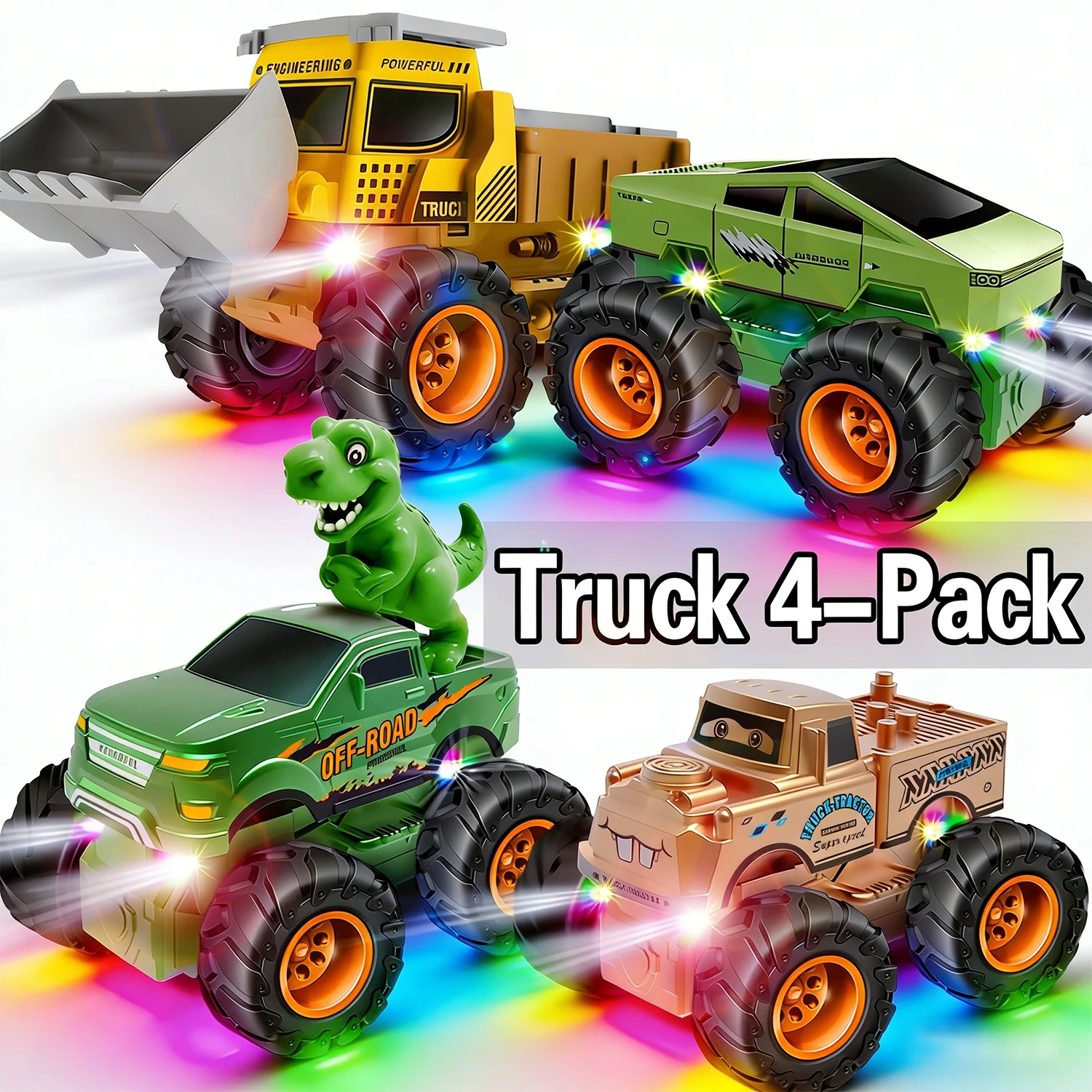 

4-Pack Large Wheel Dinosaur Off-Road Trucks with Colorful Lights, Kids Durable Toy Cars Unisex Play Vehicles