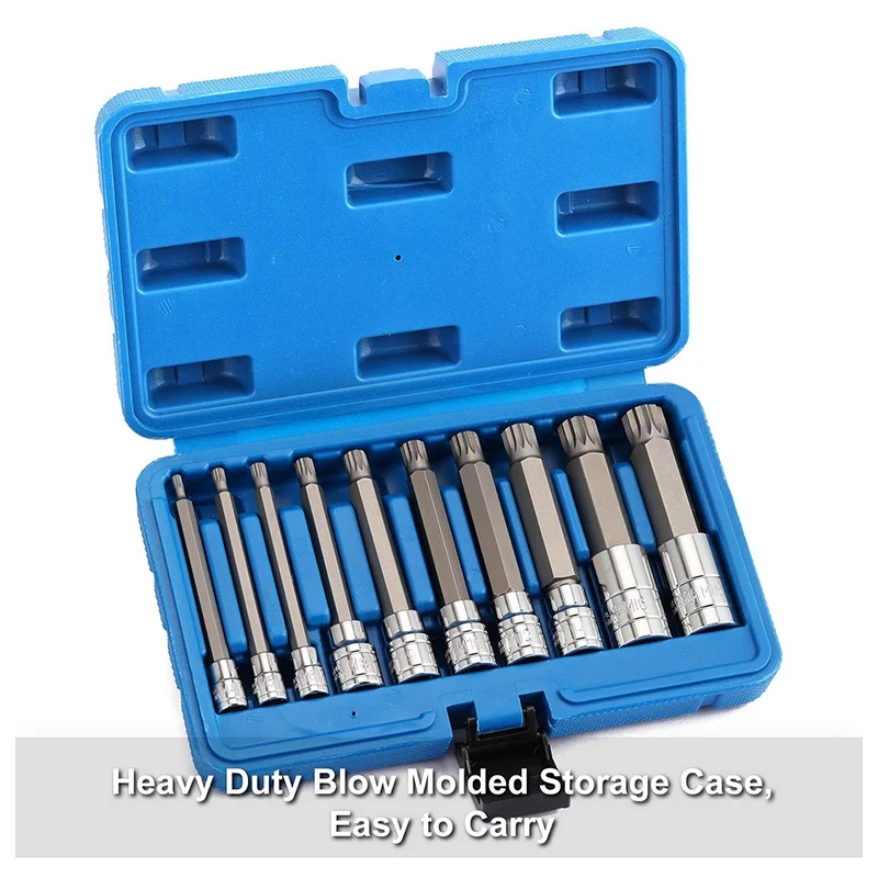 10 Piece 4 Inch Spline Tip Bit Socket Set M-Type Universal Sleeve M4-M18 Triple Square Spline Bit Socket Set