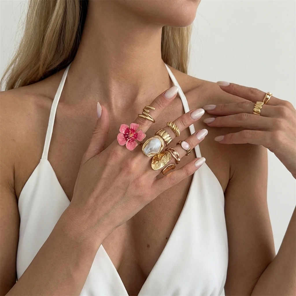 

8Pcs/Set Trendy Enamel Flower Ring Set Twisted Chunky Metal Baroque Pearl Rings For Women Girls Aesthetic Y2K Accessories