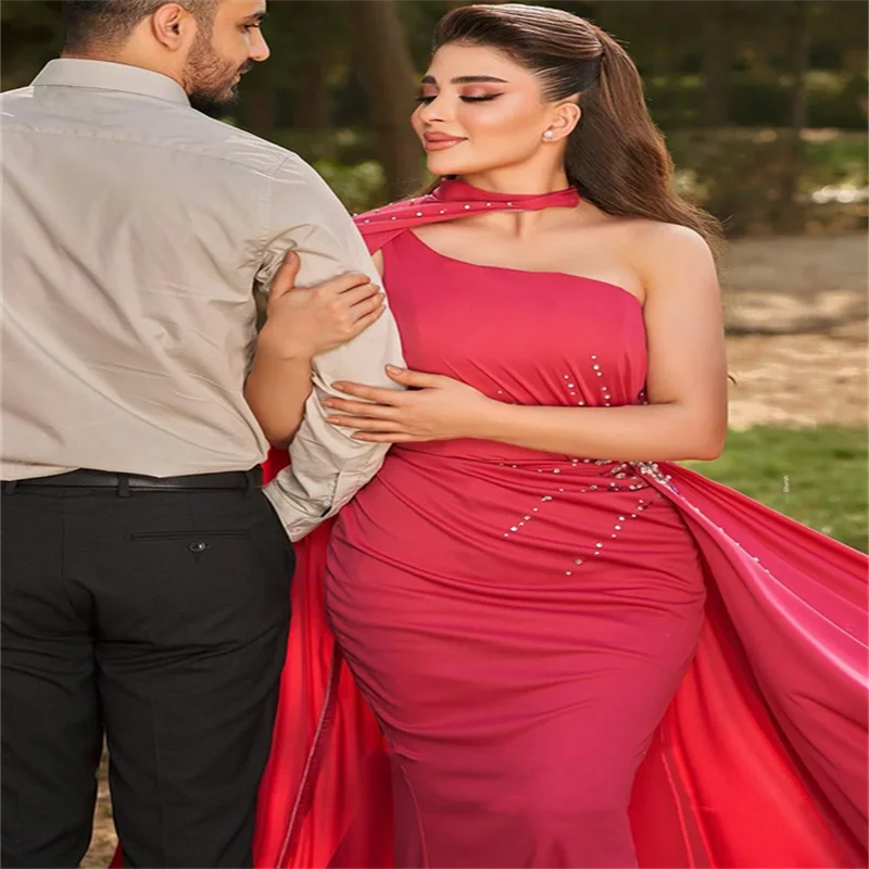 Saudi Arabian Evening Dress with Cape Customized One Shoulder Pearls Sequined Mermaid Party Gown for Weddings Woman Prom Dress
