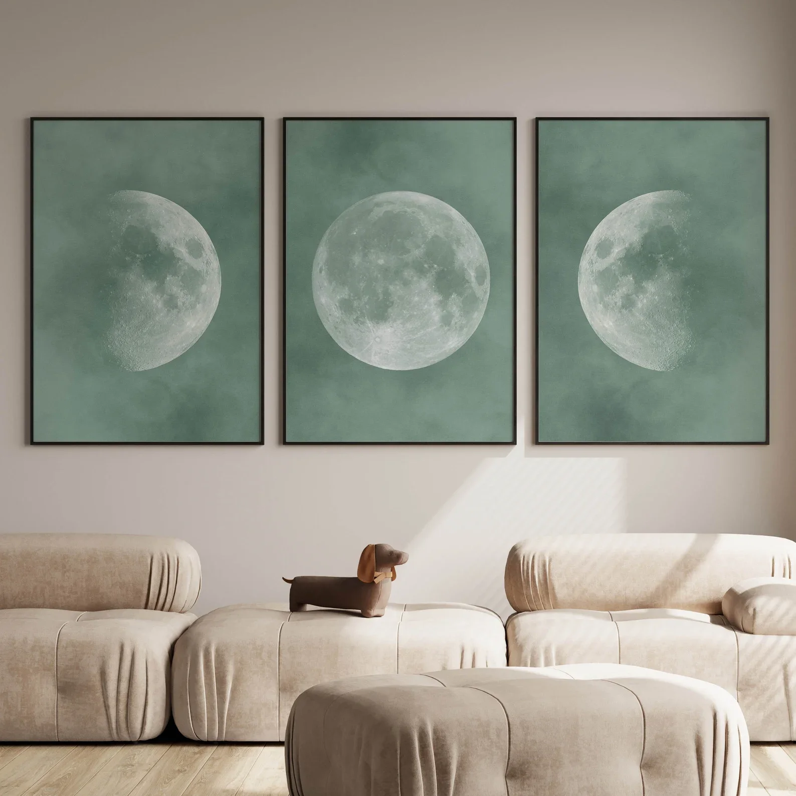3PCS Sage Green Moon Phase Canvas Print, Minimalist Lunar Cycle Art For Bedroom Wall Decoration