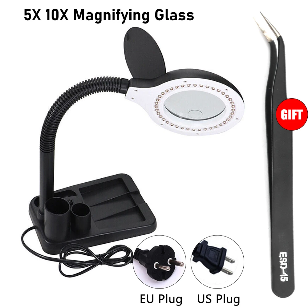 Flexible 5X 10X  40 LED Lights Magnifying Glass Illuminated Magnifier Lamp Loupe Reading Rework Soldering Table Lamp EU/US Plug