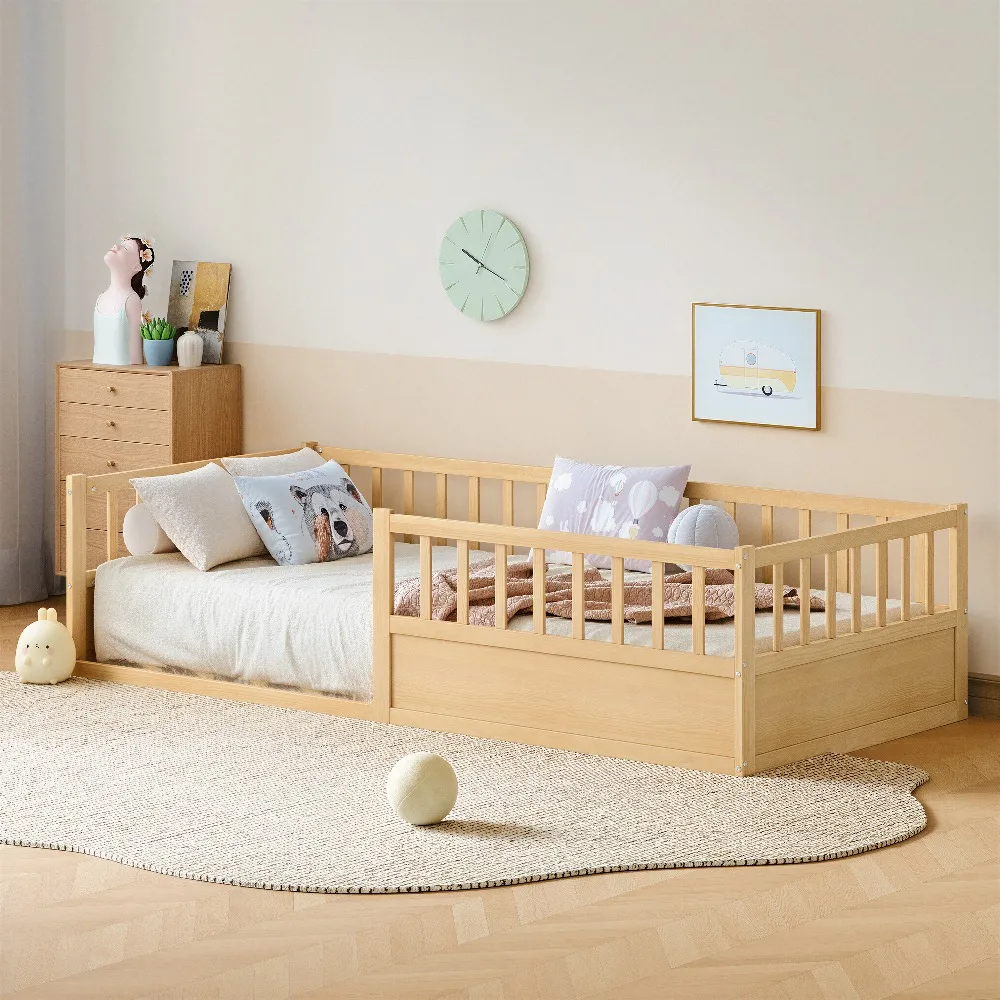 Cama Montessori de Madera Maciza 90x200 cm con Protección Anticaídas, Estructura de Listones, Lateral Abierto, Pino Natural