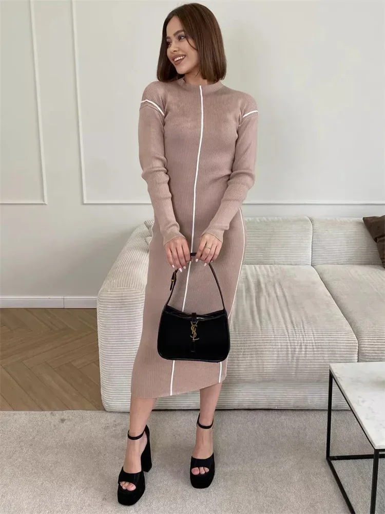 

Платье макси в стиле пэчворк для женщин, контрастное, с ребристой отделкой, высокой талией, элегантное, для вечеринок, женское трикотажное платье, длинное платье.