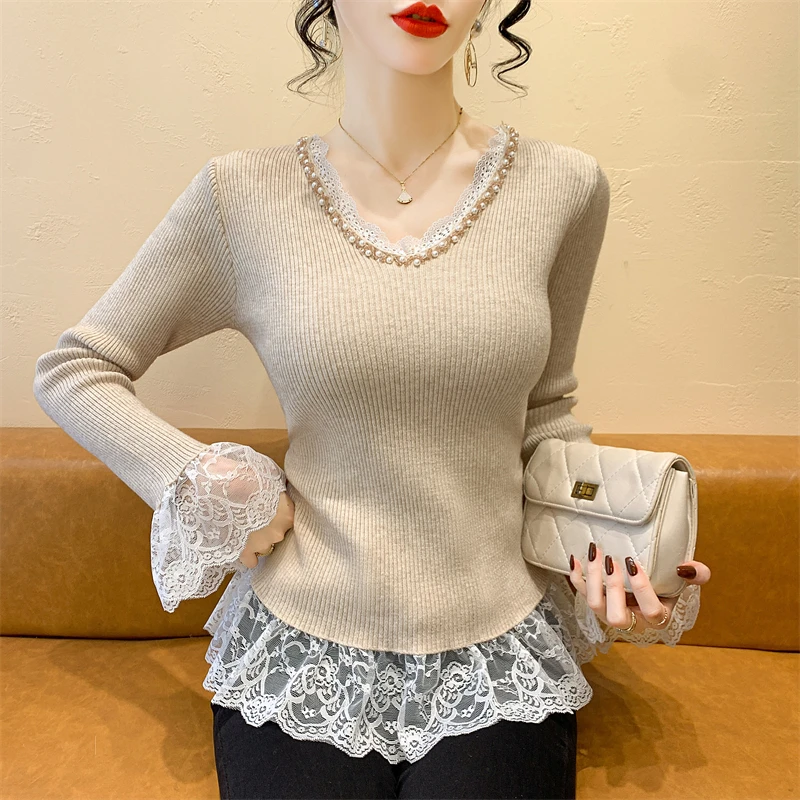 

2025,Новинка,Европейская,Одежда,Кnitted,Свитер,Женский,Мода,Сексуальный,V-образный вырез,Пэчворк,Кружево,Блестящий,Бусины,Длинный рукав,Эластичный,Топы,51020