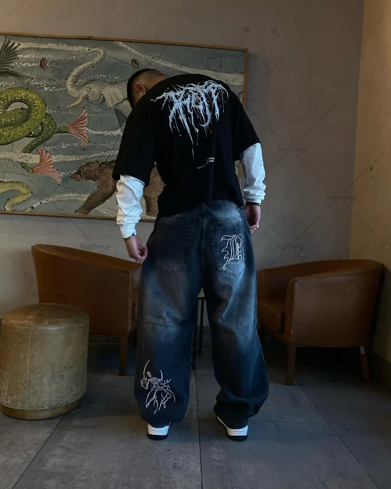 هاي ستريت ريترو هاراجوكو ملابس الشارع الشهير بنطلون النمط الأمريكي فضفاض غسلها الجينز الرجال القوطية الشرير العصرية فضفاض السراويل البضائع غير رسمية #5