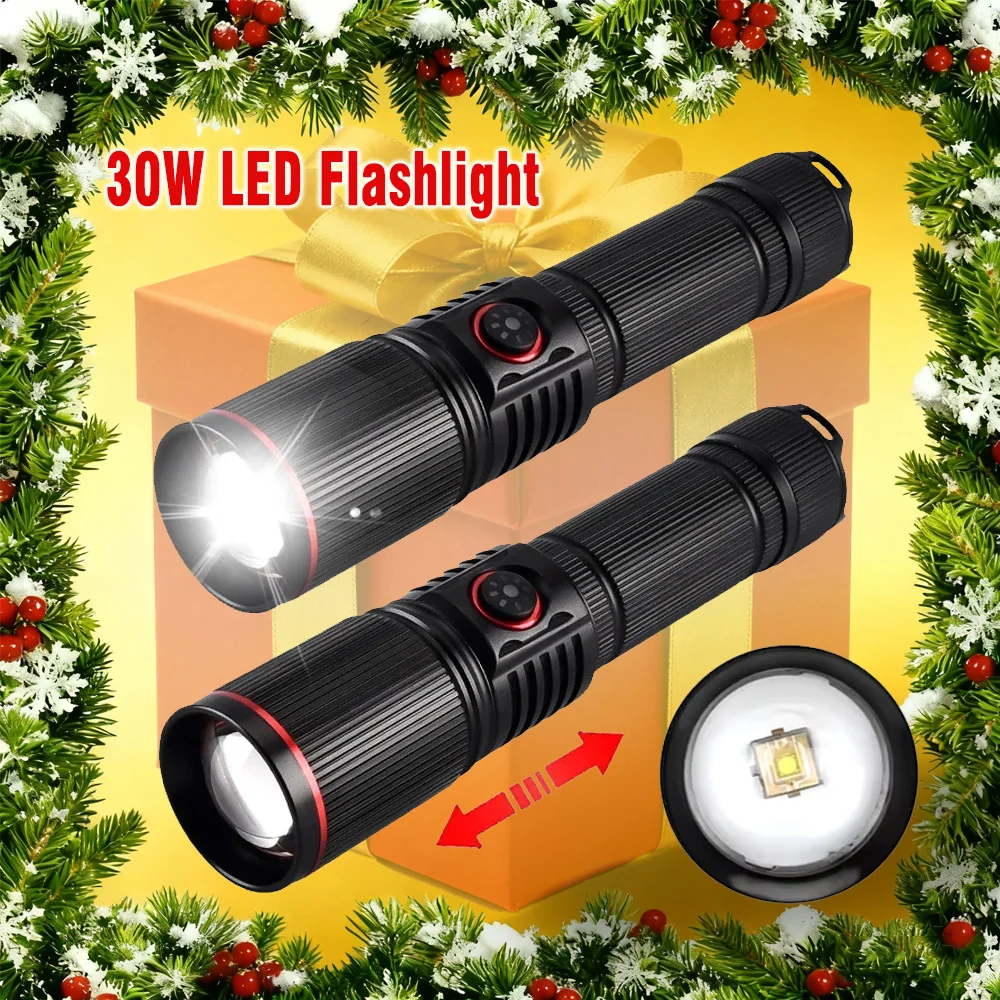 

30W Bright Led Flashlight Outdoor EDC Rechargeable Handheld ZoomTorch Light,Ideal Gift for Family Xmas,Working Camping Lighting