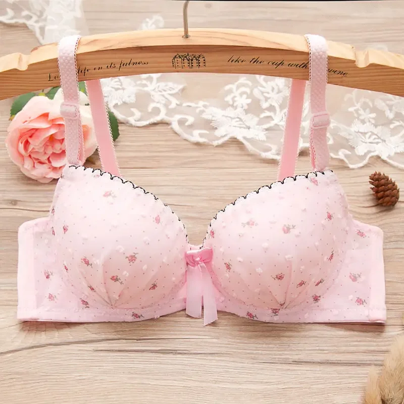 Puberty Women A B Cup Floral Print Underwire Bra Sweet Student Lace Bow Push Up Adjustable Small Bras Cotton Sexy Thin Underwear