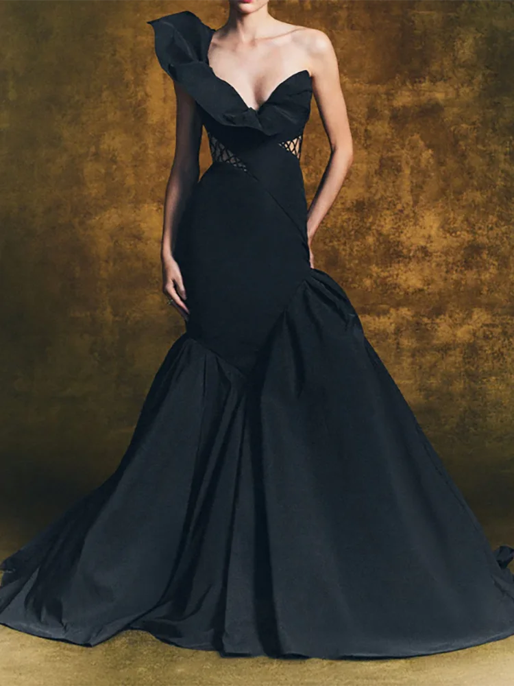 세련된 블랙 원 숄더 셔링 민소매 플리츠 인어 정장 이브닝 드레스 생일 파티 댄스 파티 가운 맞춤형