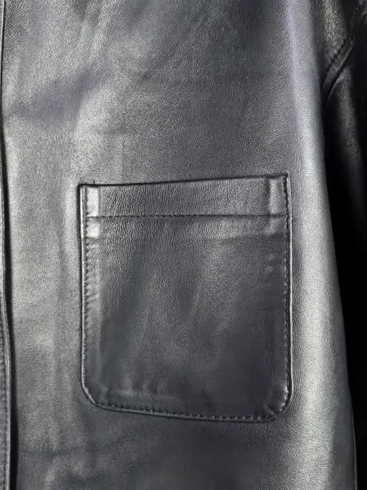 ファッション女性ルーズフィットチェック柄スプライシングシープスキン本革ジャケットボーイフレンドスタイルシングルブレストミッドロングコートストリート