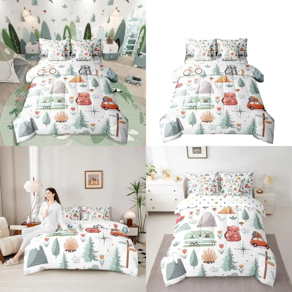 

Twin Size Happy Camping Themed Comforter Set with 7 Pieces, Botanical Flowers and Mountain Adventure Design, Perfect for Travel