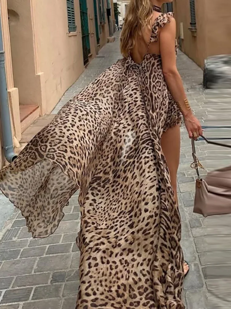 

Spaghetti Strap Long Top 2PCS Sets, Women Summer Elastic Waist Shorts Chic Outfit, Casual Leopard Patchwork V Neck Ladies Suits