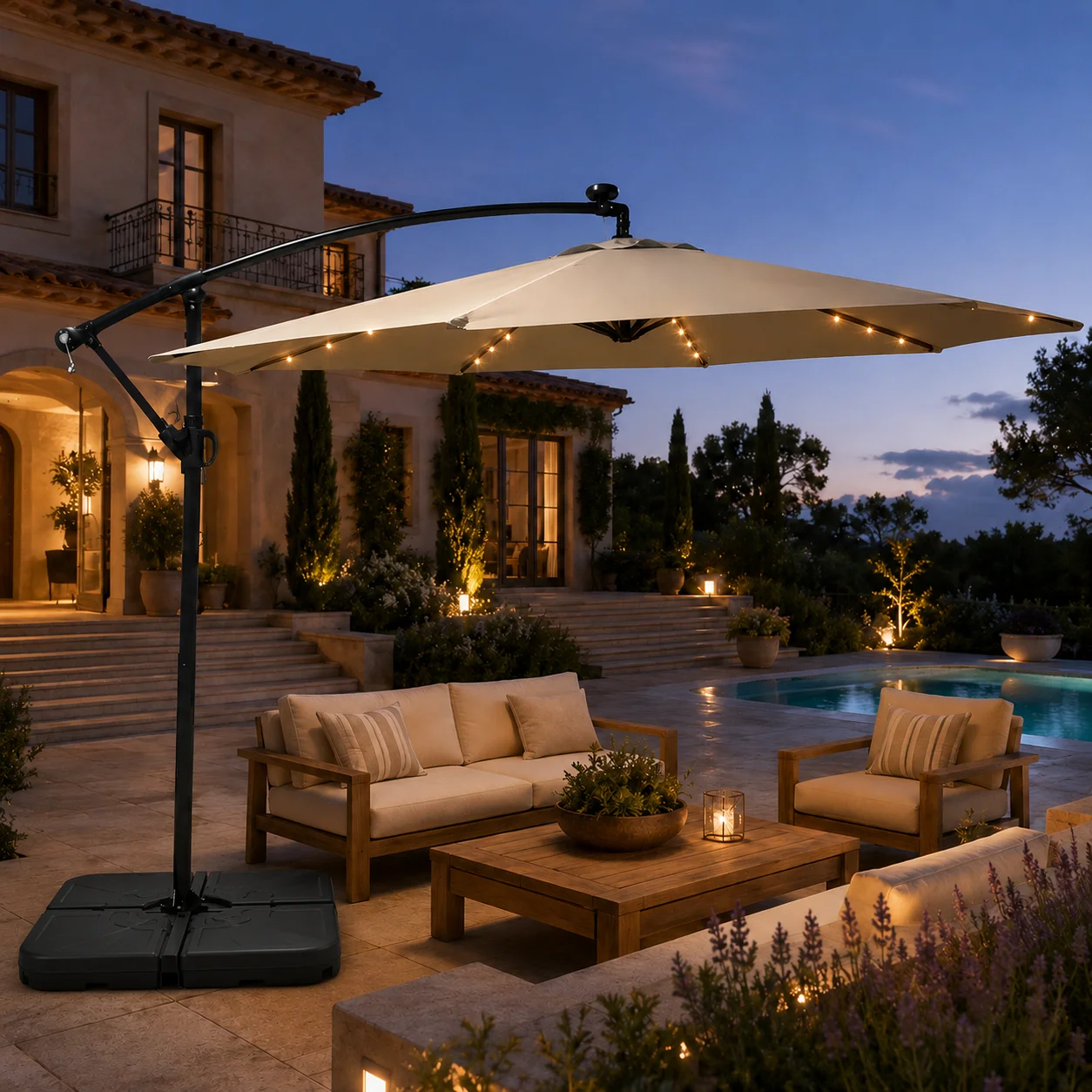 #300cm Modern Outdoor Cantilever Umbrella LED Lights Steel Frame Waterproof Banana Offset Hanging Parasol Park Patio Restaurant
