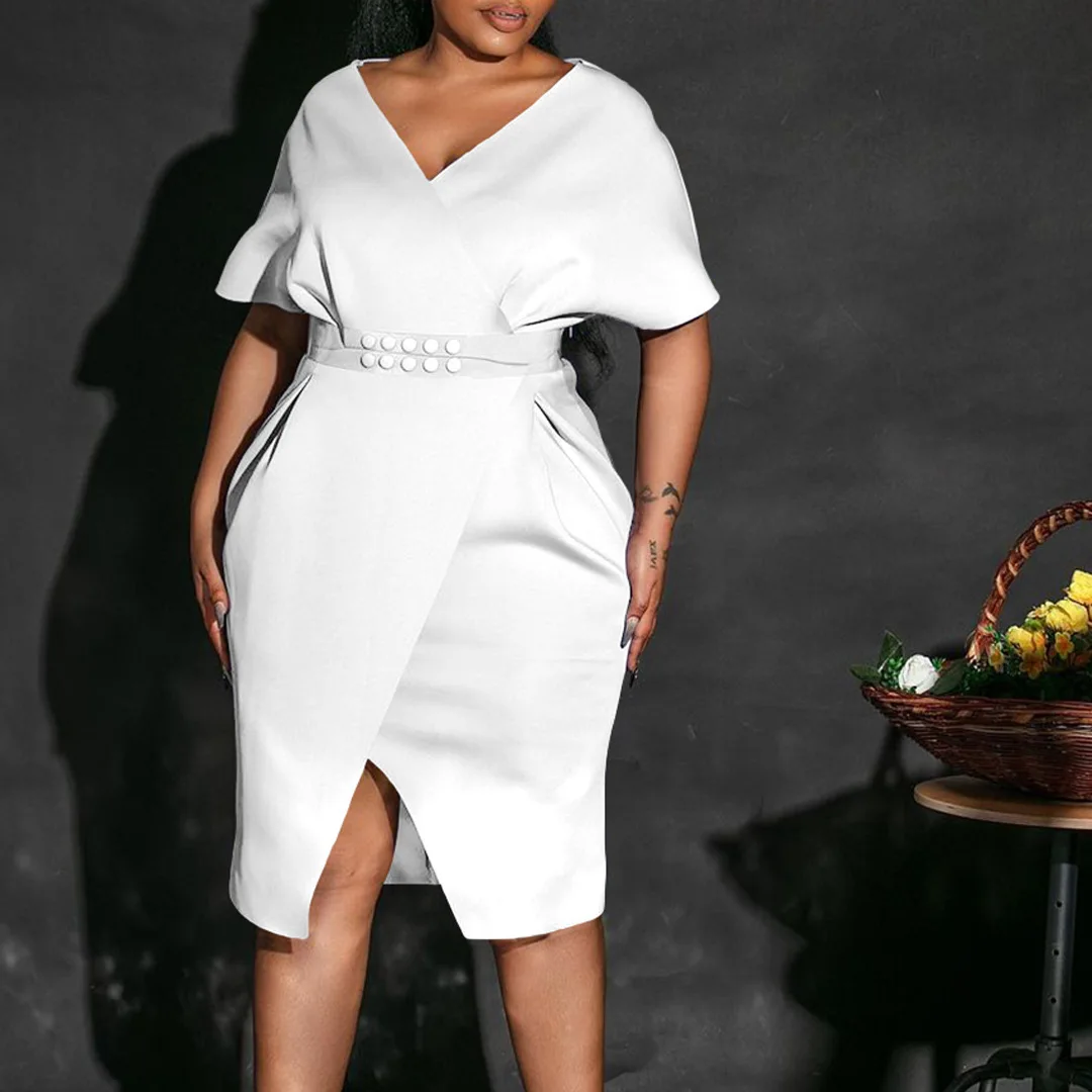 

D366 Women's New Fashion V-neck Sexy Slit Dress With Belt
