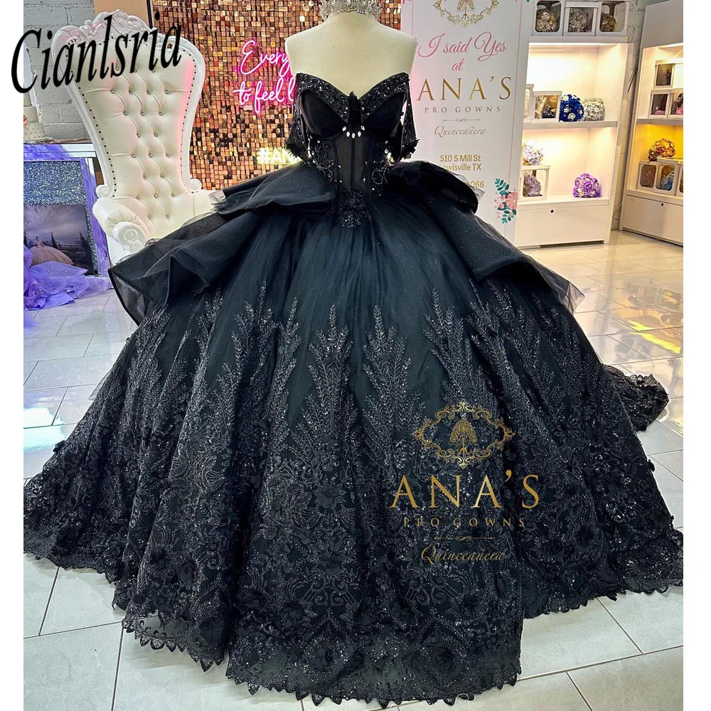 

Vintage Black Appliques Green 3D Flowers Quinceanera Dresses Ball Gown Corset Princess Dress vestidos de quinceañera aqua