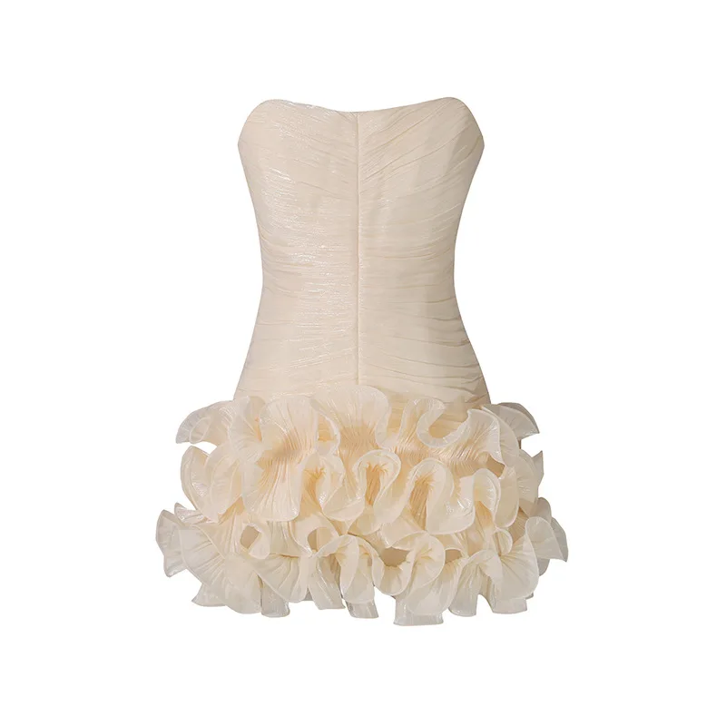 

Luxury Apricot Strapless Mini Dress Ruched Slim Fit Gown with Hidden Zipper for Cocktail Party Wedding Guest and Prom Event