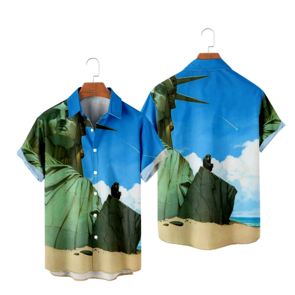 Hawaiian Shirts for Men Statue of liberty Print Short Sleeve Shirts Summer Beach Vacation Tops Breathable