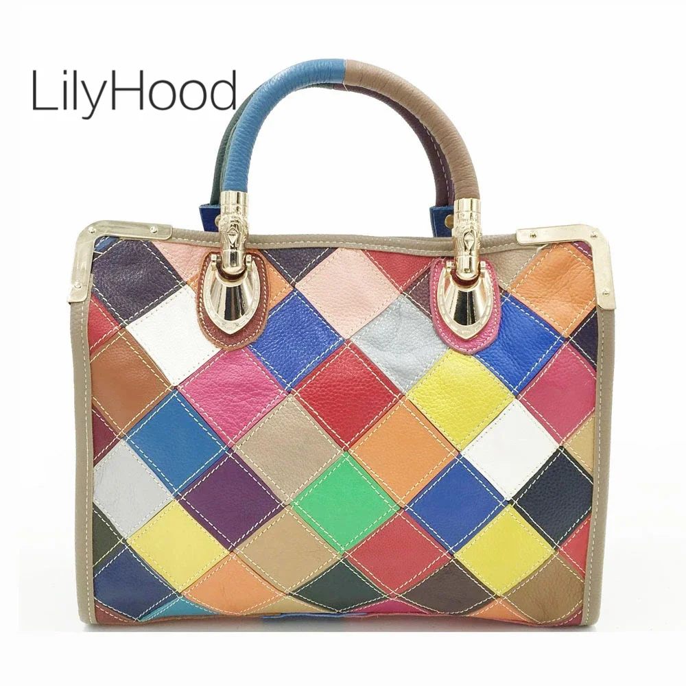 

Women Fashion Genuine Leather Multi-color Tote Bag Female High Quality Big Size Capacity Diamond Patchwork Daily Messenger Bag