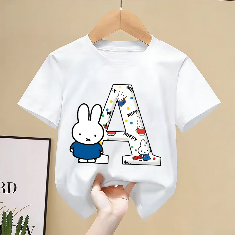 

Miffy New T-shirt for Children Cartoon Letter A-Z Tee Top Boys Girls White Round Collar Clothes Fashion Anime Kids Clothing Gift