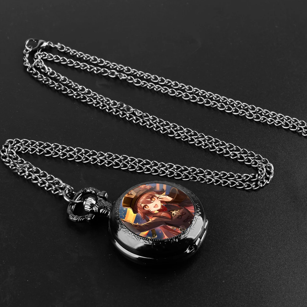 Pocket Watch with Game Characters Design under Glass Dome Boasts Chain and Arabic Numeral Dial Suitable Halloween Gifts