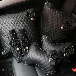 Pearl Black Camellia Flower Car Accessories Crystal Rhinestone Interior Decoration Leather Steering Wheel Cover Seat Pillows