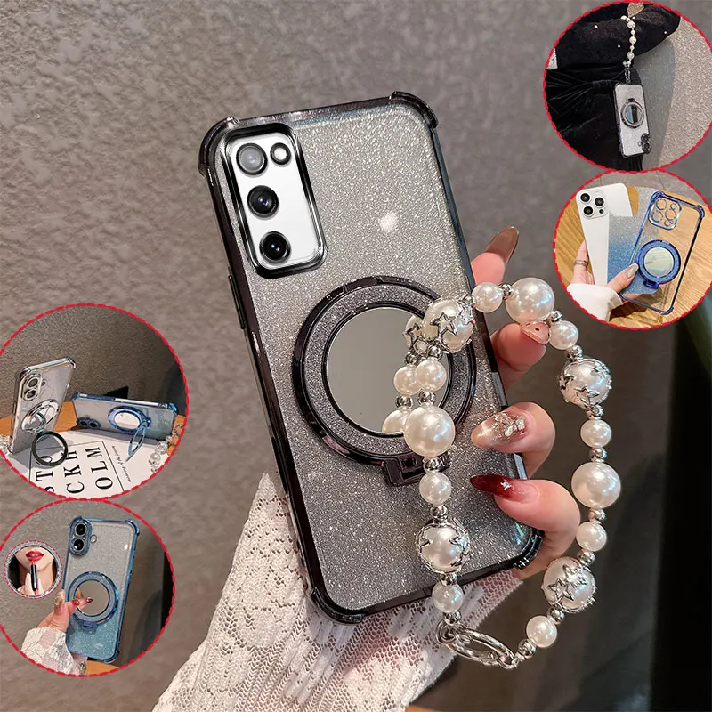 Bling Glitter Lipstick Mirror Stand Phone Case For Samsung Galaxy S20 Fe Ultra Plus With Pearl Chain Anti-drop Shockproof Cover