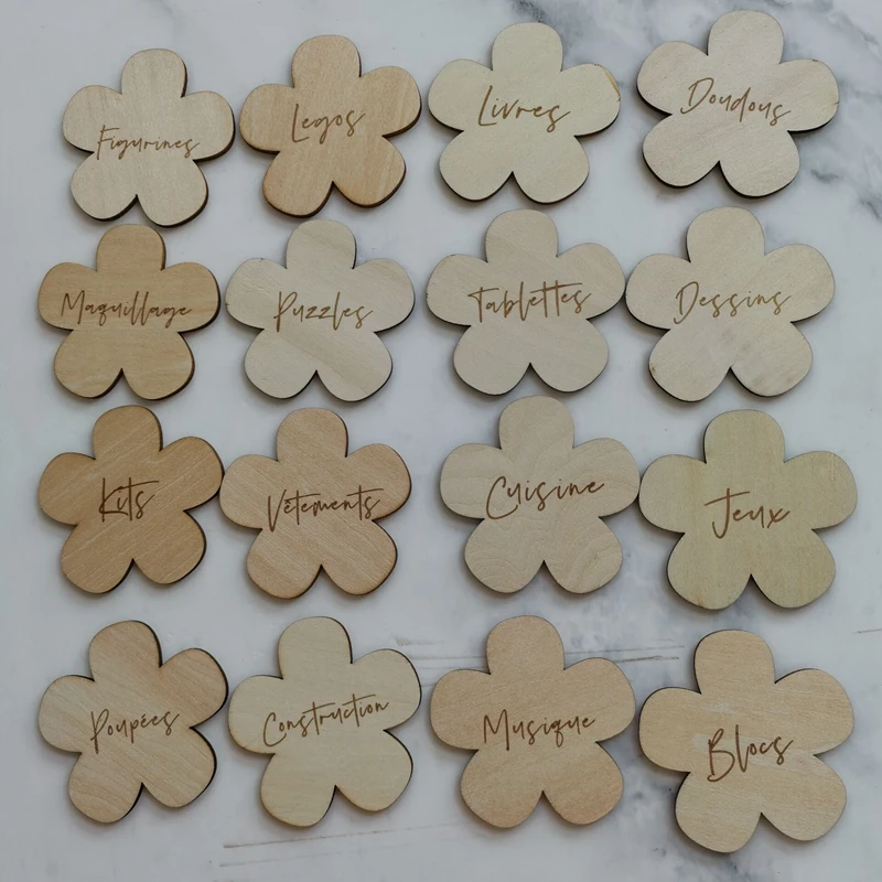 Wood flower shape  tags in french Home Organization Tags Trofast storage labels for playroom