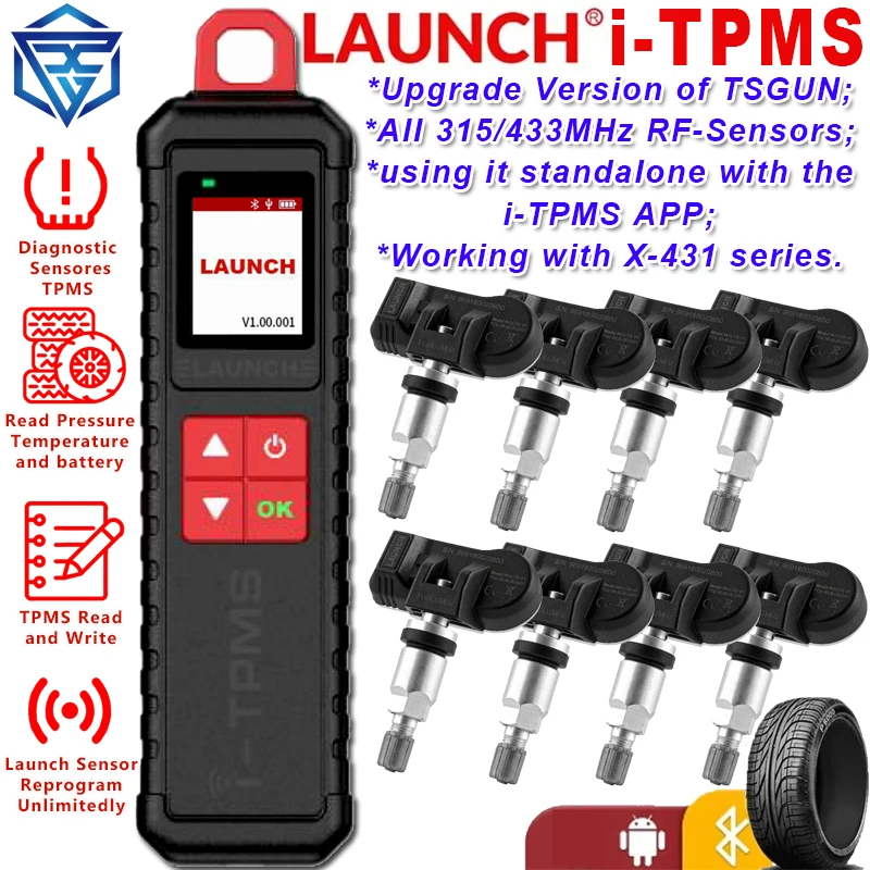 Launch i-TPMS Tire Pressure Detector Upgraded of TSGUN with RF Sensor work alone by i-TPMS APP or Work with Launch X431 PAD V V+