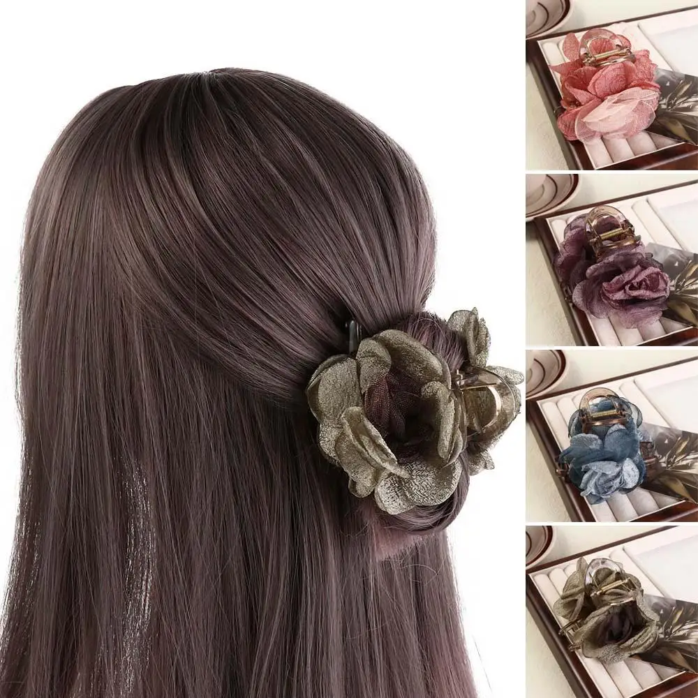 Simples pano simulação flor garra de cabelo malha estilo boêmio rosa tubarão clipe headwear estilo coreano flor garra clipe casamento