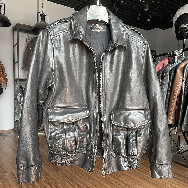 New men's short casual leather lapel suit and vegetable-tanned cowhide
