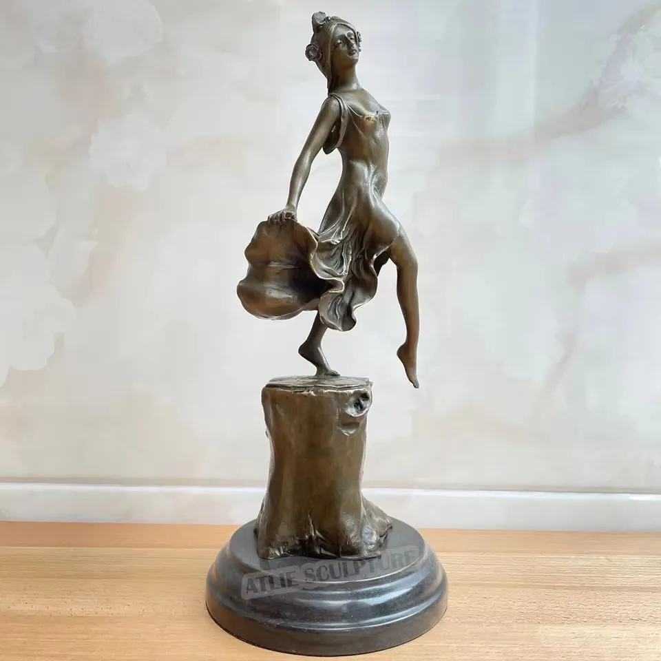 Dance on Stump Woman Bronze Statue Sculpture Hot Casting Marble Base Classical Female Art Indoor Decor