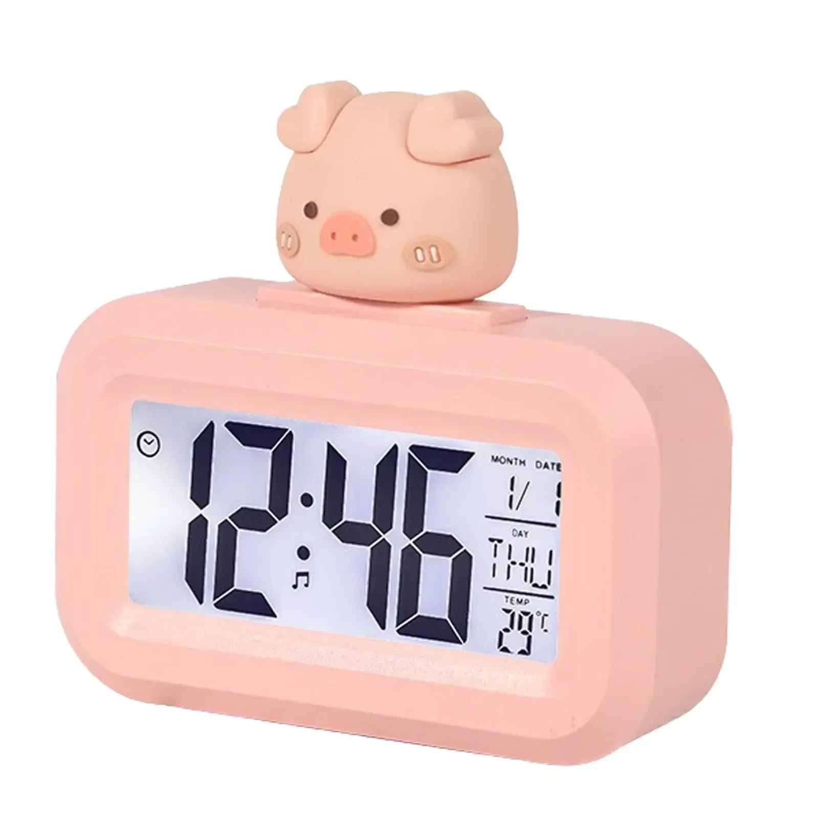 Cute Pig Digital Alarm Clock with LED Display, Temperature Calendar Snooze 12/24H Bedside Desk Clock for Kids Bedroom