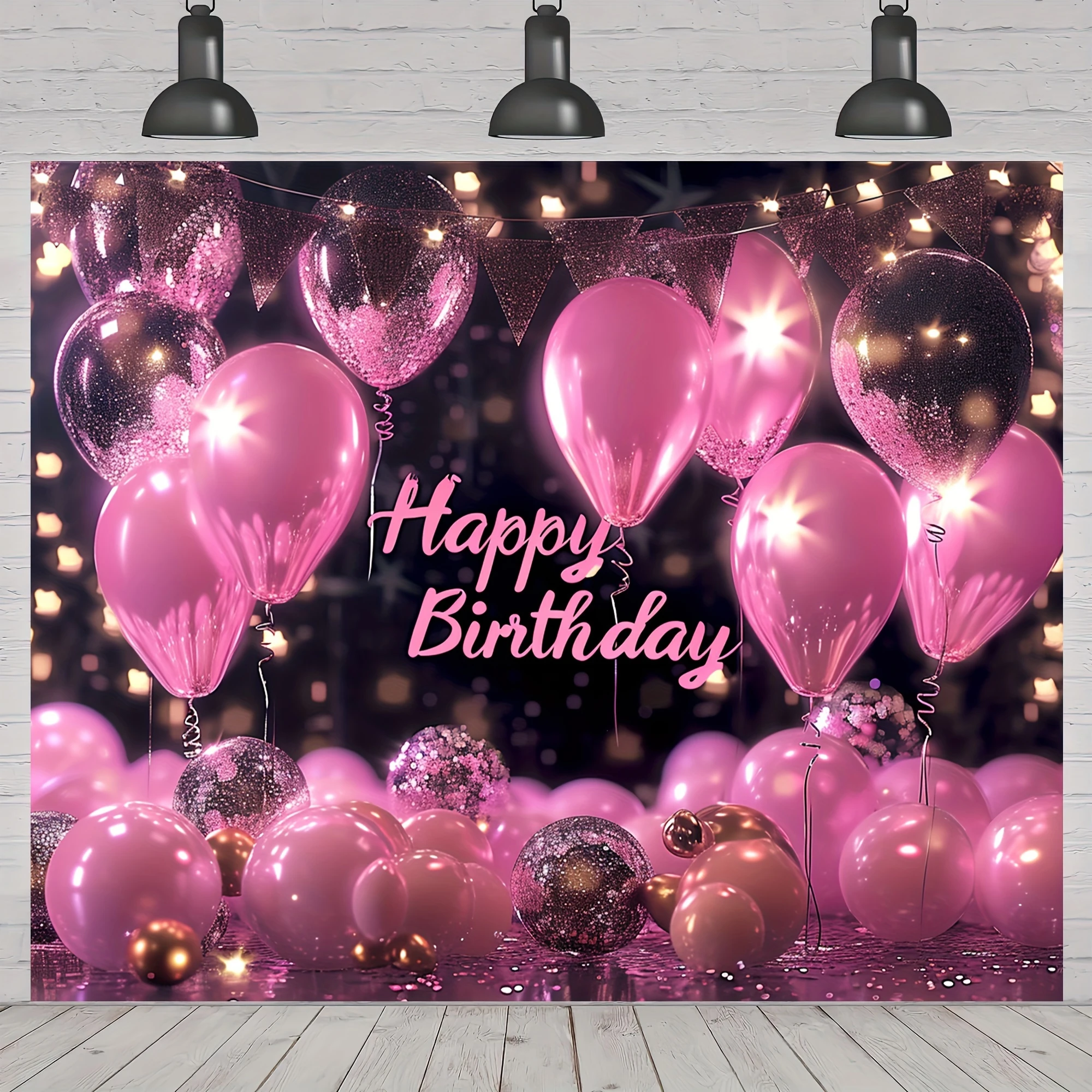 Pink and gold Happy Birthday background, sparkling black and rose gold party decorations, holiday birthday photography