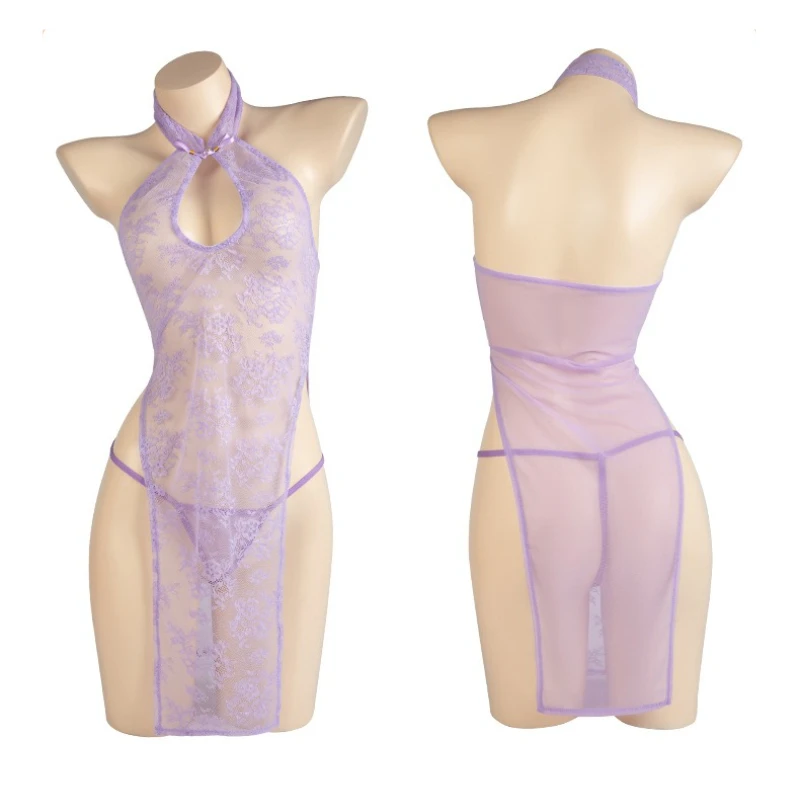 Sexy Lingerie Transparent Qipao Skirt Women Lace Soft Yarn Hollow Classical High Waist Slit Porno Cheongsam Exotic Charm Costume