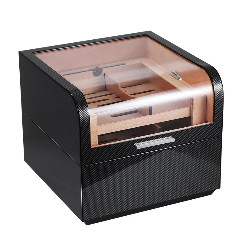 

Top GLASS Cigar Humidor Display, Large Capacity, Perspective Skylight, Carbon Fiber Grain, Cedar Wood, Moisturizing Box Case