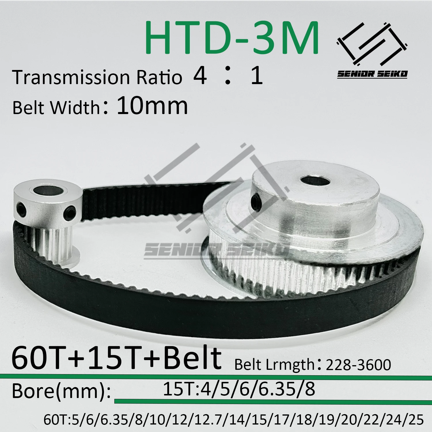 HTD3M 60Teeth 15T 15Teeth 60T Timing Pulley Belt Set Belt Width 10mm Bore 4~25mm Reduction 4:1 3M Pulley Kit Synchronous Wheel