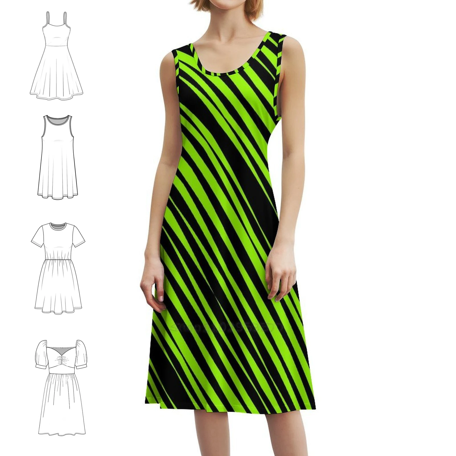 

Neon Green And Black Pattern Preppy Style Mini Dress For Women A-Line Loose Fit Casual Day Dress Graphic Design Neon Green