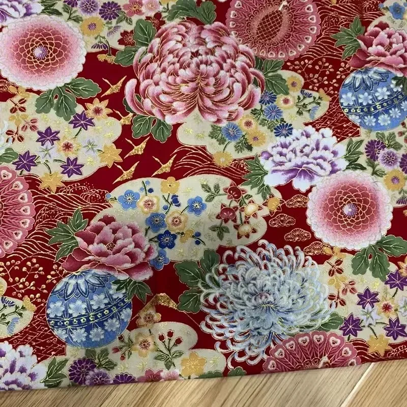 Printed Japanese Fabric Cotton Per Meter for Kimono Tablecloth Doll Clothes Bag Diy Sewing Bronzing Cloth Flower Dragon Red Blue