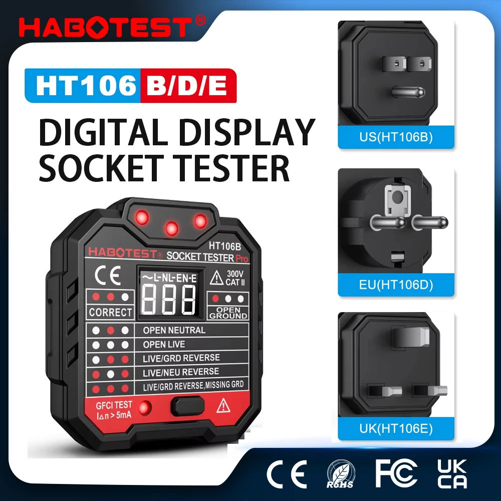 HABOTEST HT106 Digital Socket Tester Pro Voltage RCD Test Smart Detector EU US UK Plug Ground Zero Line Polarity Phase Check