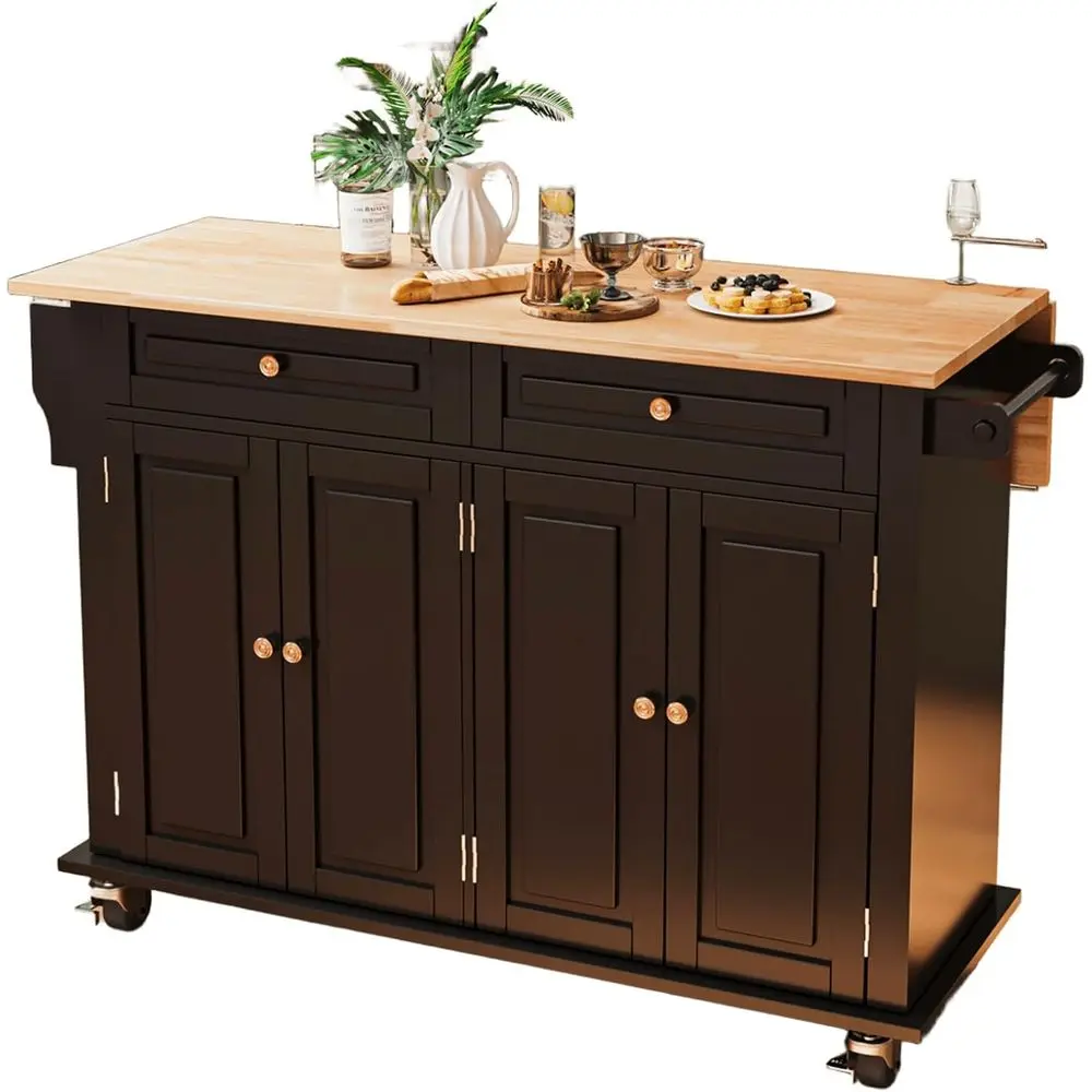 

Black Rolling Kitchen Island with Drop Leaf, Storage Cabinet, Spice Rack, and Towel Bar